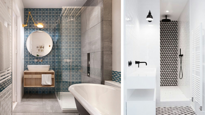 decoracion baños pequeños, azulejos modernos, baño estilizado, espejo redondo