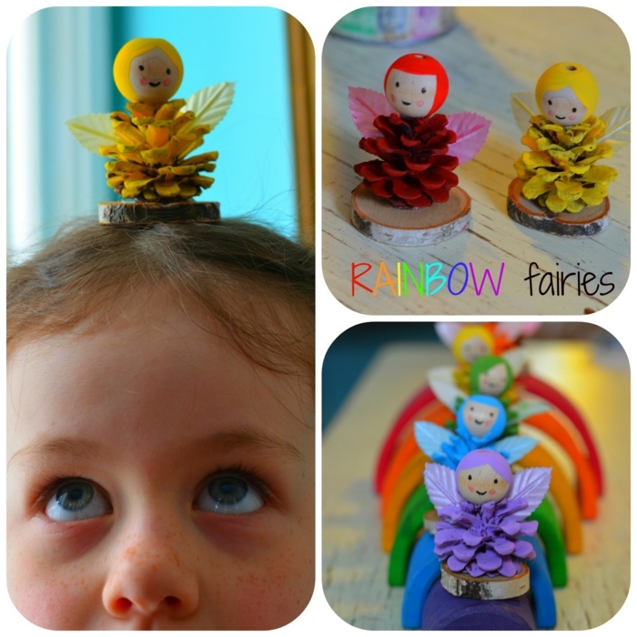 pequeocio, hadas de arco iris, hechas de piñas, figuras pequeñas en colores 
