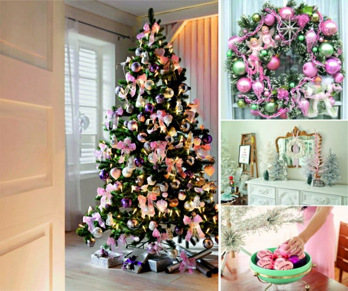 arbol de navidad original, propuesta para decoración en tonos pastel, bolas de color rosa, adornos en colores suaves