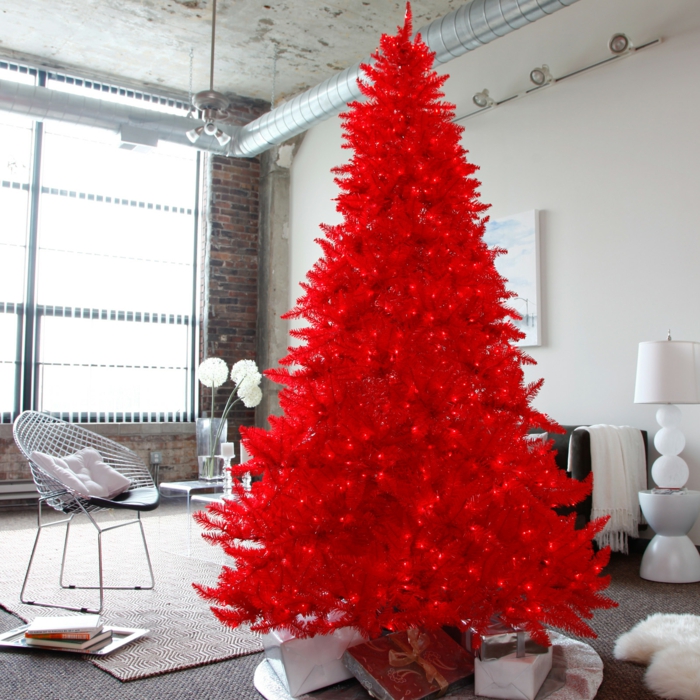 árbol de navidad, idea original para tu salón de estilo minimalista, pino artificial en color rojo fuego con pequeñas bombillas rojas