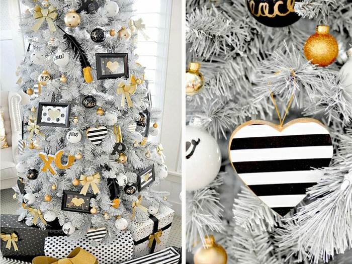 decorar árbol de navidad, ornamentos en negro, blanco y dorado, propuesta atrevida y moderna para tu salón