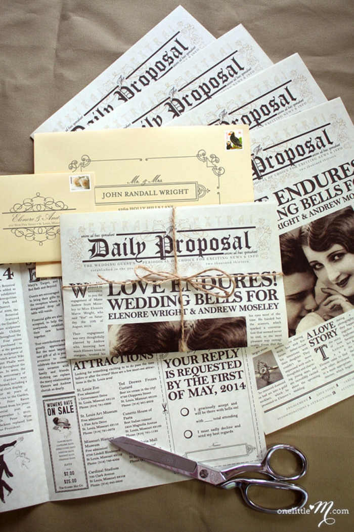 invitaciones creativas, invitación de boda vintage como periódico antiguo atado con cuerda, tijeras y foto de pareja
