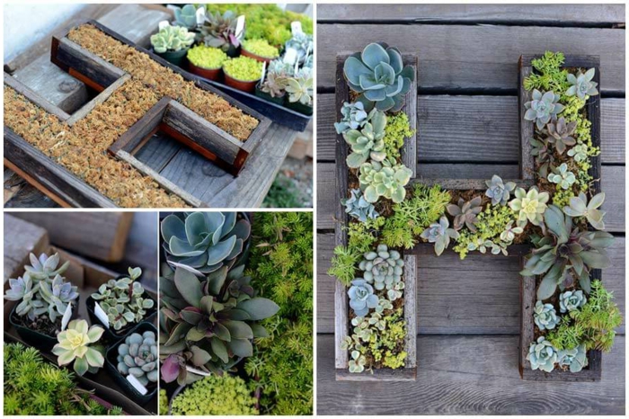 casa y jardin, decora tu patio con macetas originales hechas a mano en la forma de letras, plantadas con cactuses