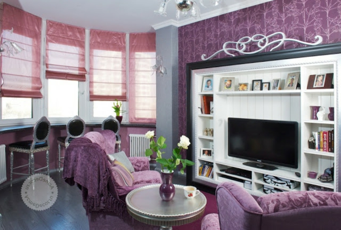 cortinas modernas, tipo de estores en rosado, variante moderno y funcional, muebles y paredes en morado intenso