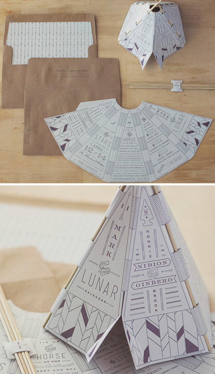 invitaciones de boda vintage, invitación de papel en forma de iglú con palos de madera, sobre papel kraft