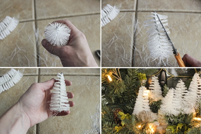manualidades, navidad. tutorial para hacer corona navideña triple paso a paso, pinos de escobillas blancas, 