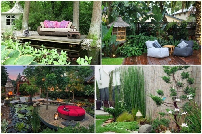 diseño de jardines, cuatro propuestas para tu jardín de relax y confort, ideas de muebles sacados en el patio, plataformas de madera modernas