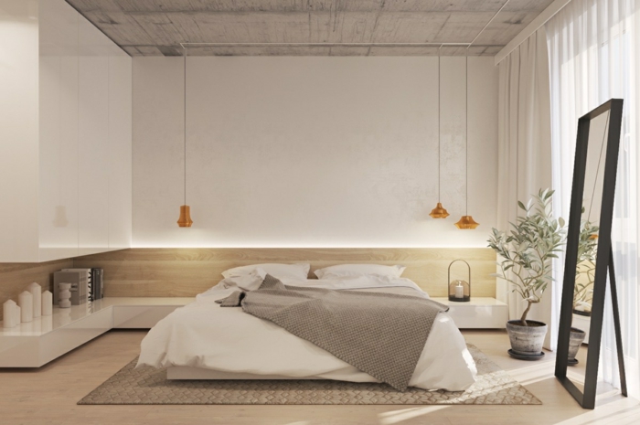 decoracion dormitorios, dormitorio minimalista, cama doble a ras del suelo, espejo negro, lámparas colgantes naranja