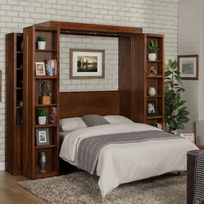 decoracion dormitorios, dormitorio pequeño, pared de ladrillo blanco, cama doble, cabecero madera integrado en librería