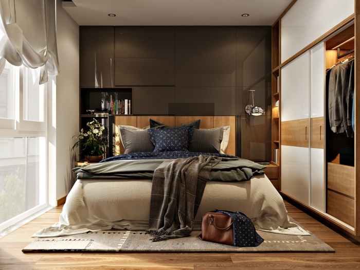 habitaciones de matrimonio, habitación en beige y marrón, ventanal con cortina, armario grande, cama doble sobre tapete