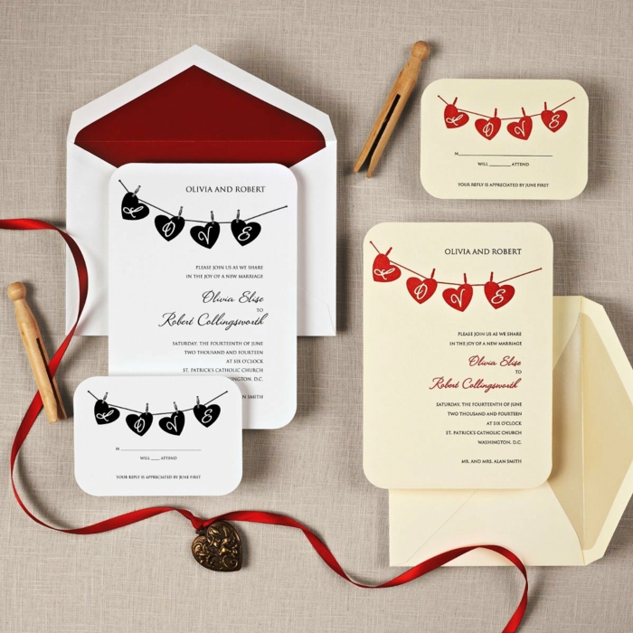 bodas originales, invitaciones de boda en blanco y beige con corazones y cinta roja con corazón de metal