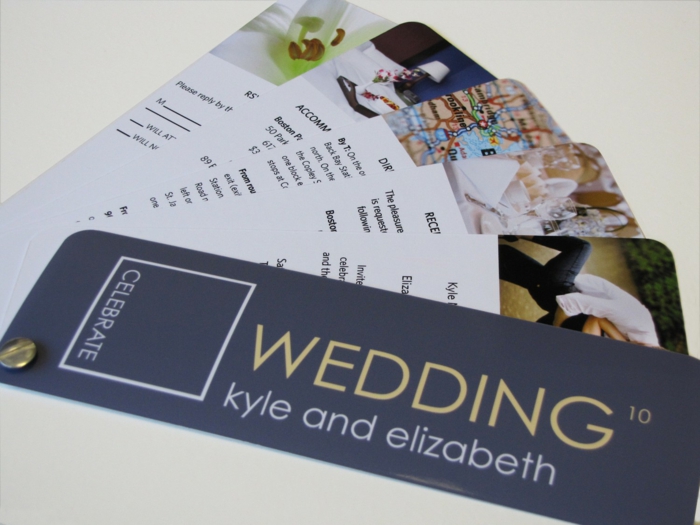 bodas originales, invitación de boda como folleto con hojas de mapa, alojamiento y respuesta en azul y blanco