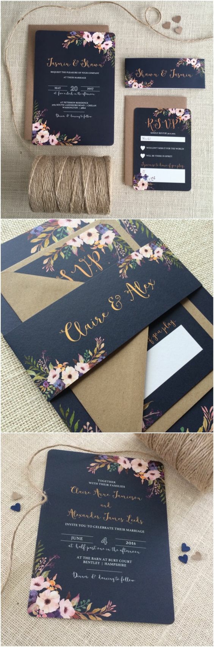invitaciones de boda vintage, invitación de boda en azul oscuro con letras en dorado, decoración con flores y sobre de papel kraft