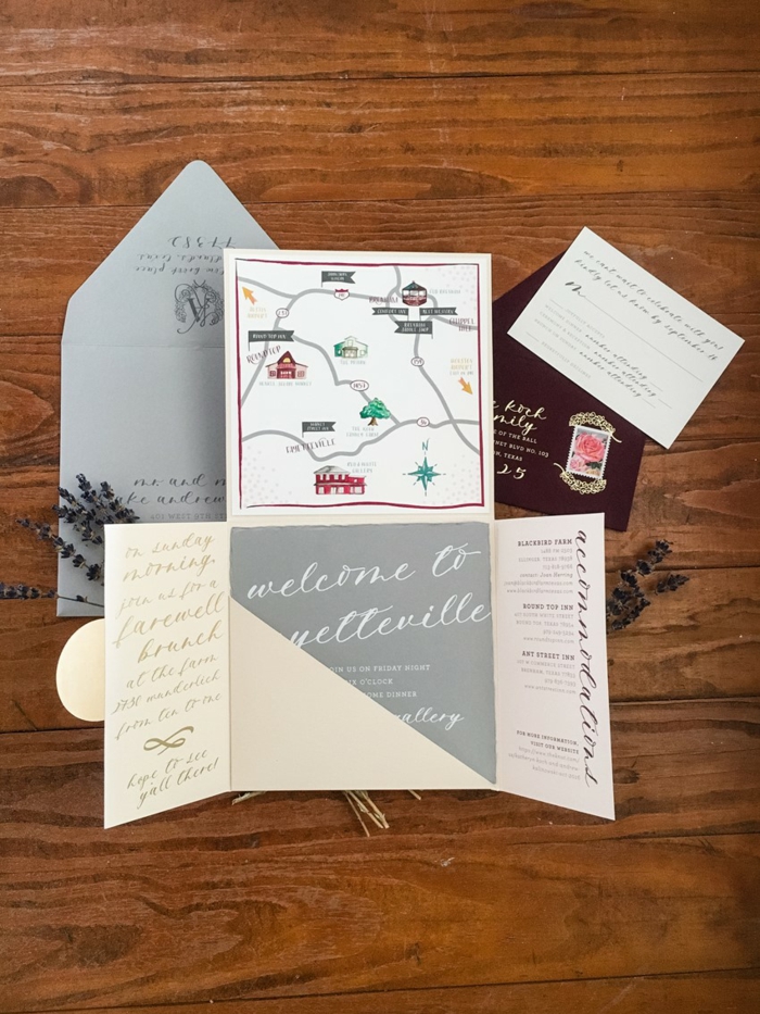 cosas de boda, invitación de boda plegable de cartón con mapa y sobre gris