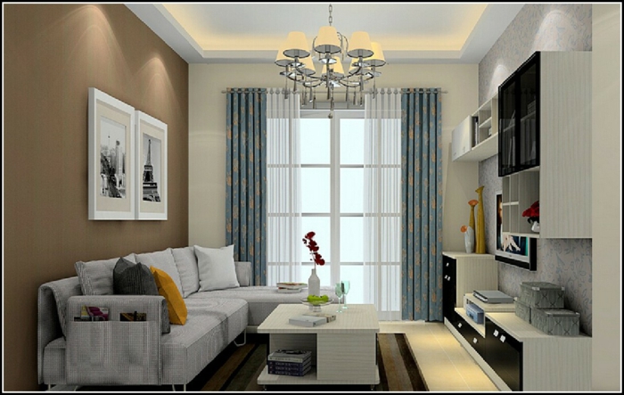 cortinas de salon, propuesta romántica de cortinas color azul bebé con visillo blanco, pared en marrón y muebles en gris
