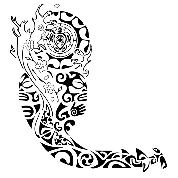 tatuaje antebrazo, diseño de tatuaje con motivos polinesios y florales para brazo entero de hombre