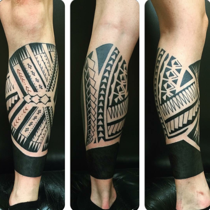 brazalete maori, tatuaje en pierna inferior para hombres, tinte negro sólido, motivos polinesios punta de lanza, dientes de tiburón 
