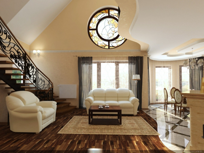 cortinas salon, grande salon con techo nivelado y elementos arqutéctonicos, suelo de madera, sofas de peluche en blanco 