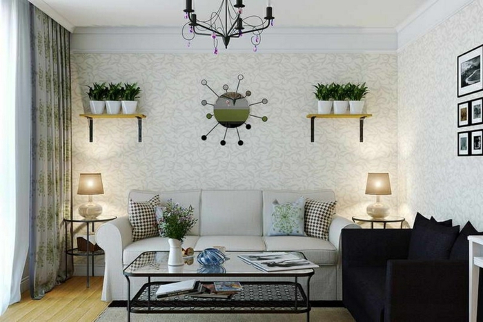 telas cortinas, cortinas delicadas con efecto aireado, color blanco con estampados en verde, salón moderno con decoración de plantas