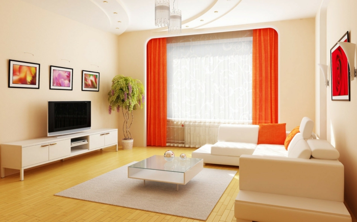 telas cortinas, propuesta alegre de terciopelo, color naranja chillón, espacio luminoso en colores claros
