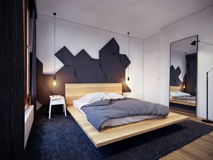 cabeceros cama, habitación muy moderna y minimalista, cama de tablero de madera con colchón, cabecero mosaico, lámparas tipo bombillas