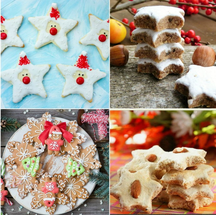estrella navidad, propuestas sabrosas, diferente tipos de galletas navideñas en forma de estrella con decoraciones, galletas papa noel en blanco y rojo 