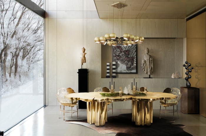 comedores modernos, comedor de lujo con detalles en dorado, mesa super original, grande ventanal con vista invernal 