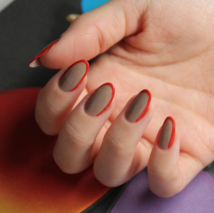 dibujos faciles de hacer, uñas en manicura francesa moderna en beige y rojo, uñas largas en forma ovalada