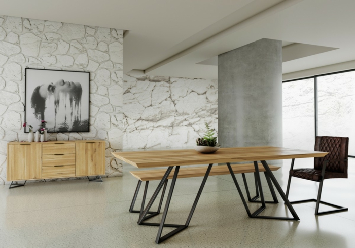 comedores modernos, comedor contemporáneo con muebles de madera, estilo minimalista, grande columna de madera, suelo de mármol