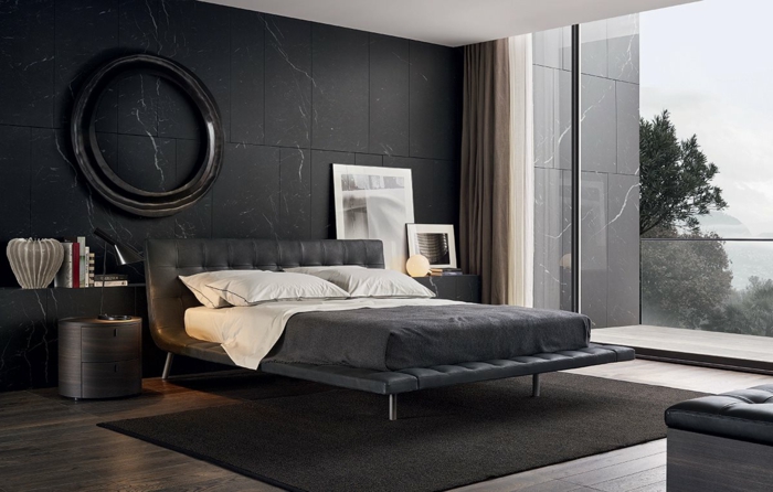 dormitorios modernos, estilo minimalista, dormitorio en negro y gris, combinacaión moderna, grandes ventanales