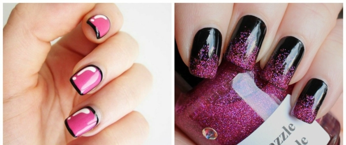 diseño de uñas, dos propuestas en negro y color fucsia, bonito contraste entre los colores, uñas moderna de forma cuadrada