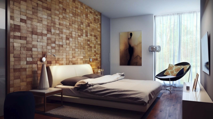 cabeceros de cama originales, idea interesante con cabezal de madera que llega hasta el techo, habitación estilizada en beige