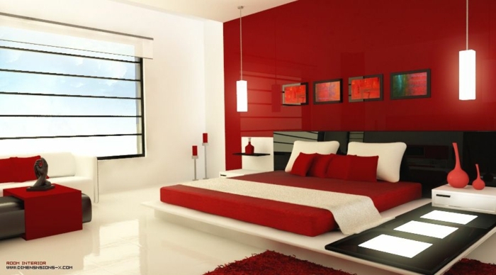 habitaciones de matrimonio, dormitorio contemporáneo en estilo minimalista, una pared en rojo fuego, iluminación moderna