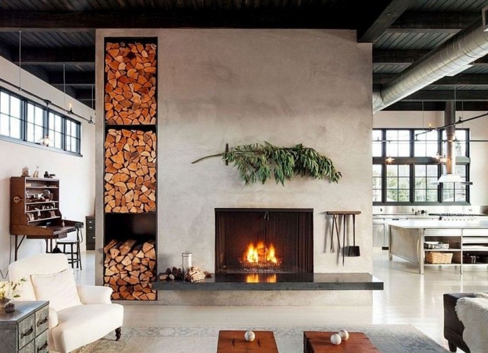 estufa leña, ambiente en estilo moderno, detalles de madera, pared lata con almacenamiento de leña decorativo, estilo industrial 