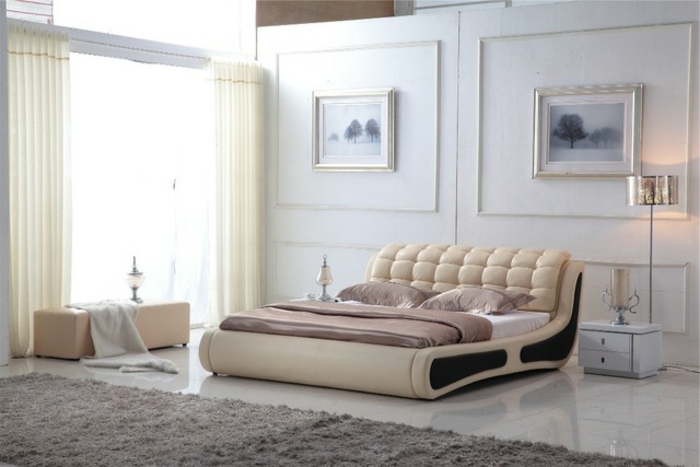 cabeceros de cama originales, bonita habitación luminosa en tonos claros, cama moderna en crema, suelo de mármol con alfombra en gris