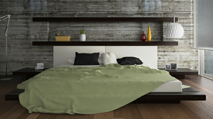 cabeceros de cama originales, estantería empotrada a la cama, cama beige funcional, habitación en estilo minimalista, lámpara de papel en forma de globo