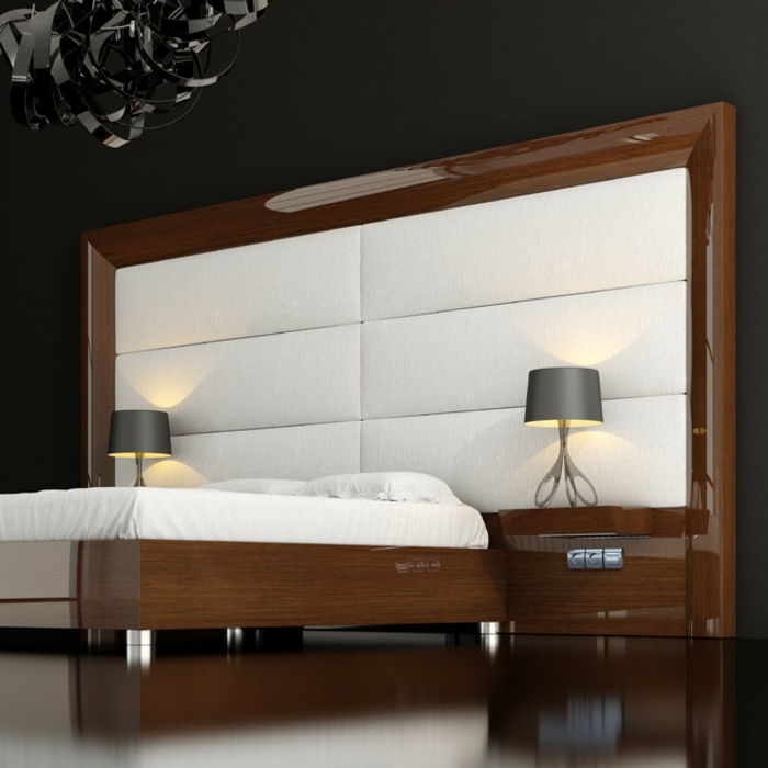 cabeceros originales, dormitorio en estilo minimalista con cama moderna de madera y peluche, cabezal masivo y paredes en negro