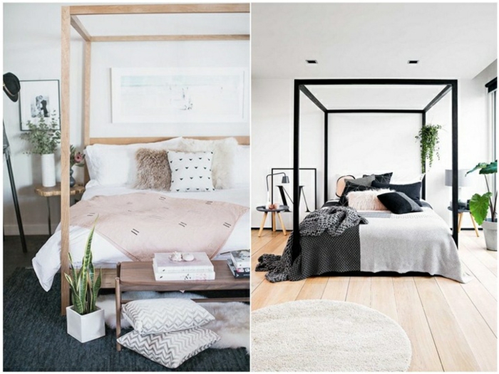dormitorio de matrimonio, dos ejemplos de camas con marcos grandes vintage, tendencia 2018, camas de madera y hierro