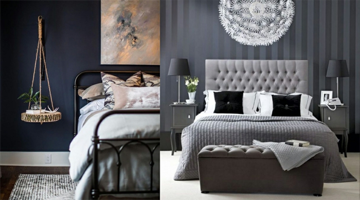 colores para habitaciones, dos propuestas en azul oscuro y gris, papel pintado elegante, camas matrimonio, pie de cama en capitoné