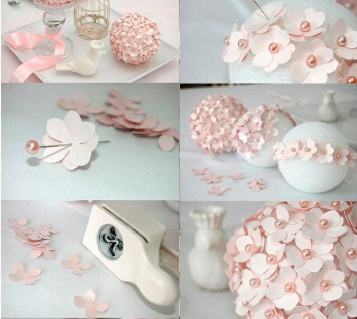 bolas de navidad, materiales y pasos para elaborar bonitos ornamentos en color rosa, bolas de poliestireno y decoración de flores