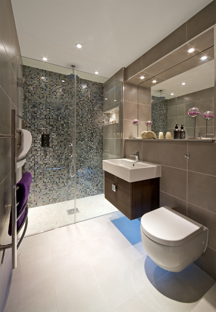 baños pequeños con ducha, baño con accesorios en púrpura, ducha de obra con puerta de vidrio, pared de gresite, espejo grande