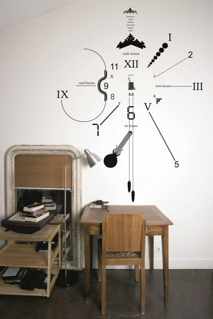 cinilos cocina, idea de decoración con vinilo original en forma de reloj en pared blanca, muebles de madera estilo vintage