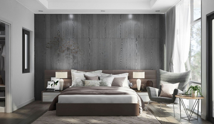 combinar colores, tendencias 2018 para dormitorios, habitación moderna en los tonos del gris y beige, cabecero ancho en capitoné