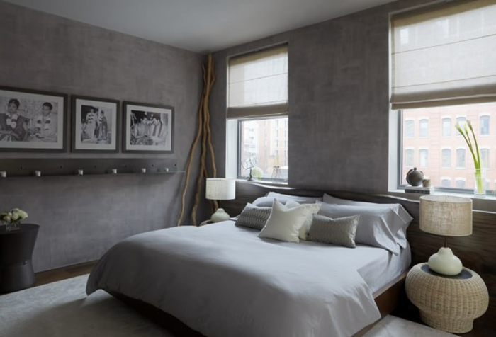 como pintar una habitacion, paredes en gris oscuro, habitación moderna con decoración minimalista, estores modernos en beige