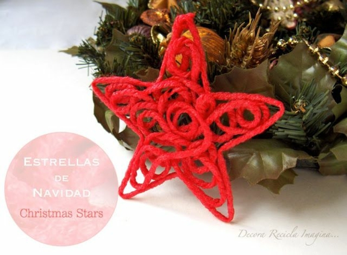 como hacer una estrella, idea original para un adorno navideño de hilo rojo en forma de estrella, guirnalda de navidad artificial