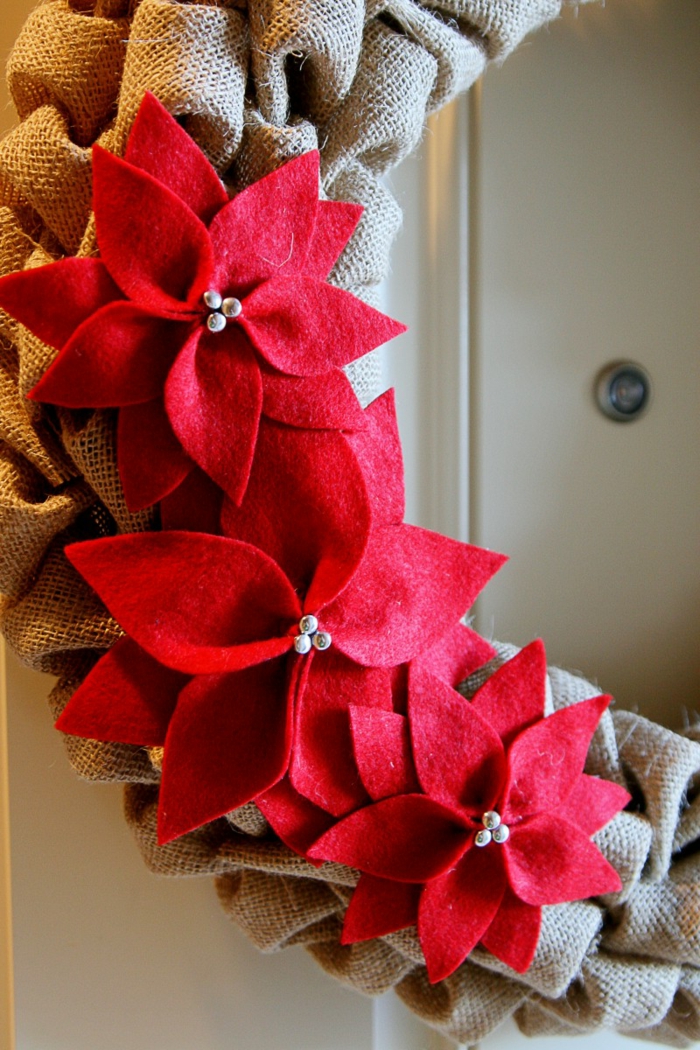 estrella navidad, hermosa guirnalda navideña hecha de arpillera en pliegues, decoración de estrellas de navidad de lana roja