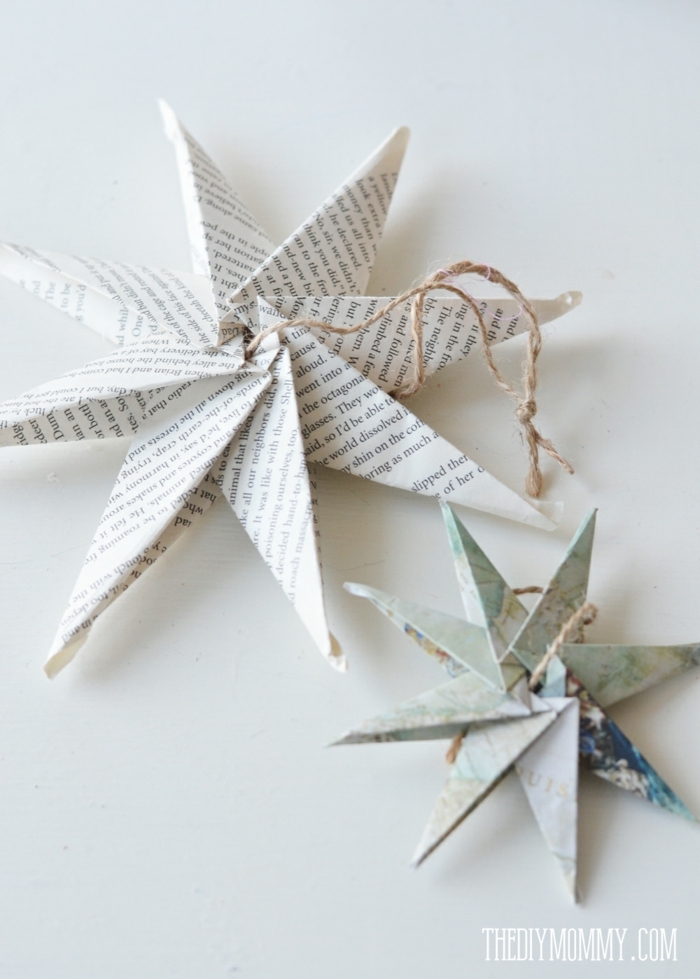 como hacer estrellas de papel, juguetes para el árbol navideño en forma de estrellas de ocho puntas, papel reciclada