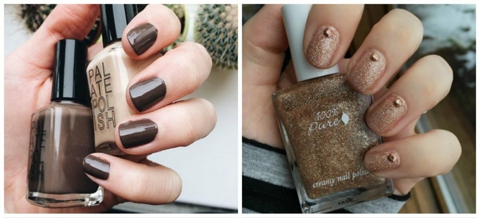 modelos de uñas, ideas de uñas cortas pintadas en colores otoñales, propuesta en marrón oscuro y brocado en beige