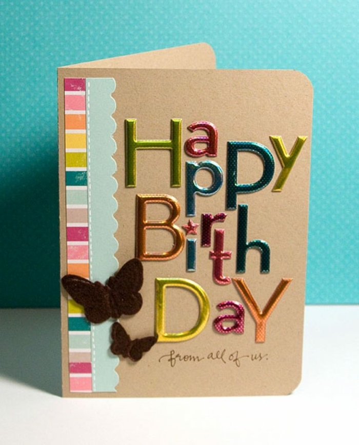 tarjetas de cumpleaños originales, tarjeta de cumpleaños de relieve con letras de color con brillo, decoración con mariposas