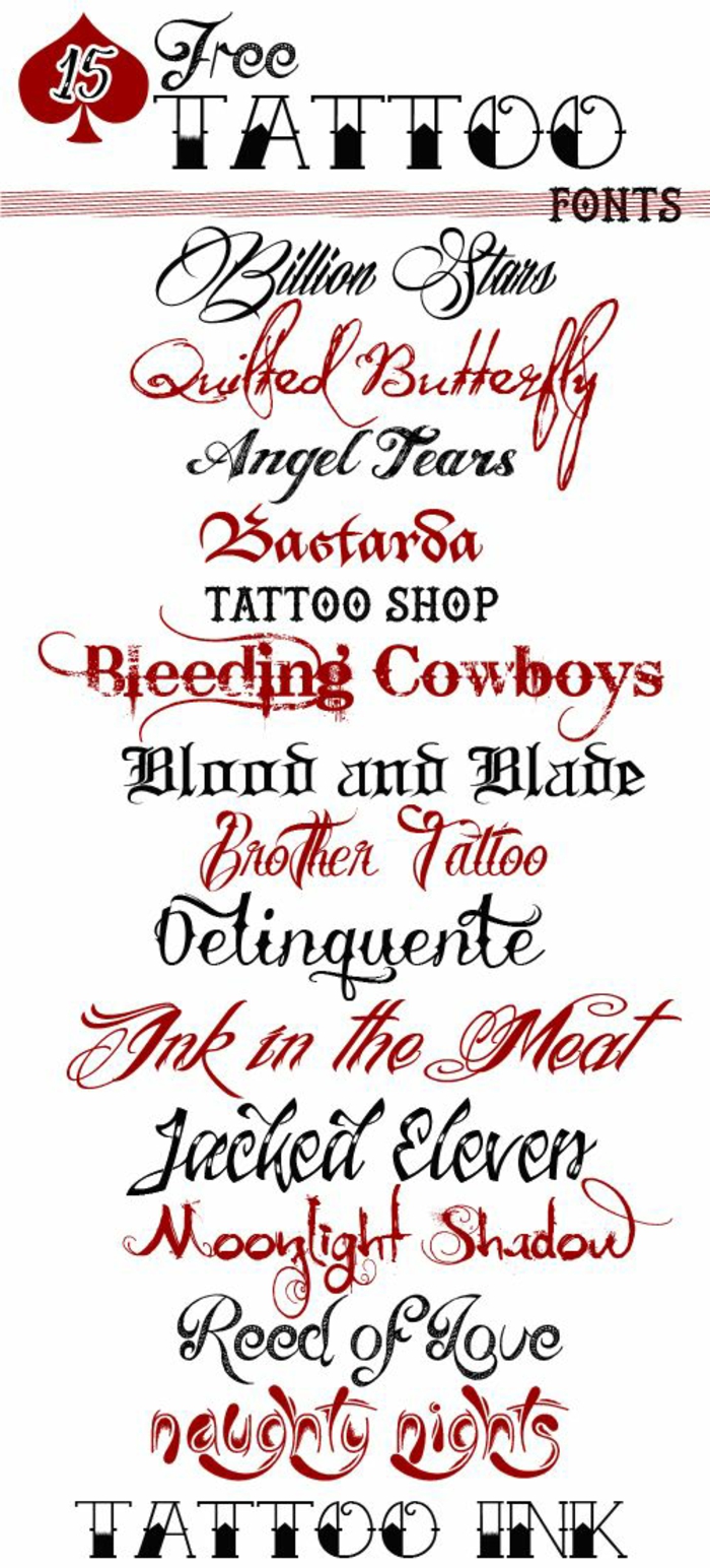 tipos de letras para tatuajes, 15 posibles fuentes para tu tatuaje de frases que puedes usar gratis, letras en rojo y negro